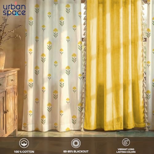 Image of Urban Space Printed 100% Cotton Curtains for Window, Combo Set of 3 Curtains 5 Feet, Tieback & Eyelets Included with Curtains for Home Decor (Aster Yellow and Aura Yellow, 5 Feet)