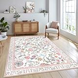 Rugalia Floral Washable 5x7 Area Rug, Soft Non-Slip Pink Rugs for Girls Bedroom Low Pile Flower Birds Living Room Rug, Non-Shedding Botanical Indoor Carpet for Nursery Playroom Dining Room