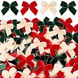 Waydress 120 Pcs Tiny Mini Christmas Velvet Bows for Crafts Xmas Twist Tie Bows Ribbon Bowknot Christmas DIY Craft Sewing Scrapbooking Gift Wrapping(Red, Green, Cream,1 Inch)