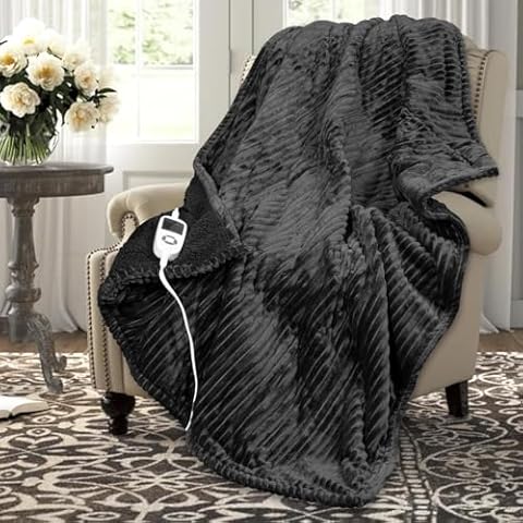 DAILYLIFE Electric Blanket, 50"x60" Heated Throw with 10 Heat Settings and 10 Hours Timer, Stripe & Sherpa Electric Throw, Machine Washable, Grey Cover