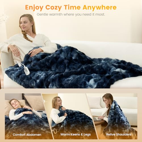 Image of Amelie Home Heated Bubble Faux Fur Blanket Electric - 50 inchx60 inch Heating Blanket Throw 2 /4 /6 /8 Hours Auto-Off 8 Heat Level Over-Heat Protection Electric ETL Certification Tie-dye Blue