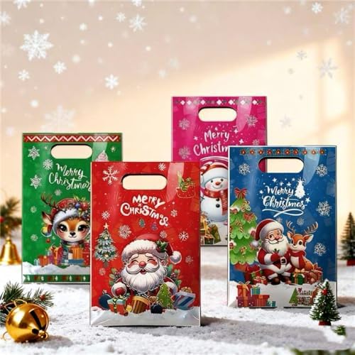 GLSY 50 Pcs Merry Christmas Gift Bags with Handles - Cute Santa/Reindeer/Tree Christmas Treat Bags for Candy Cookies Snacks - Plastic Goody Bags for Xmas Party Favor Supplies