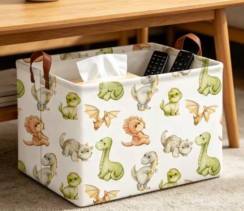 Image of Rectangle Storage Basket with Handles,Collapsible Storage Bin,Books Box,Gift Basket(Watercolor Dinosaur)