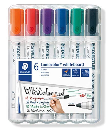 Rotuladores Pizarra Blanca Staedtler 351 WP6 - Rotuladores para pizarra blanca Lumocolor, inodoro, secado rápido y recargable, paquete de 6 colores...