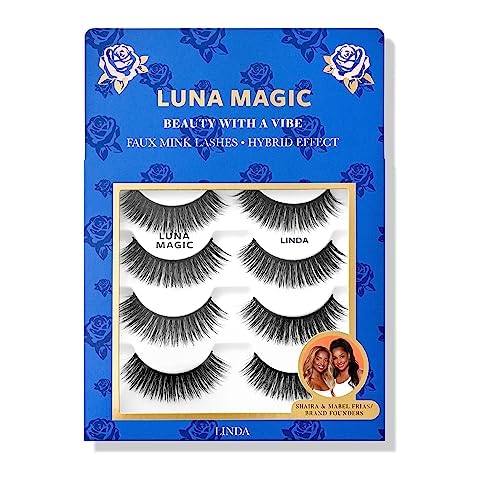 LUNA MAGIC Linda Faux Mink Lashes, Multipack, Hybrid Effect, Reusable, Wispy & Natural, Cruelty Free, 15MM, 4 Pairs Cover