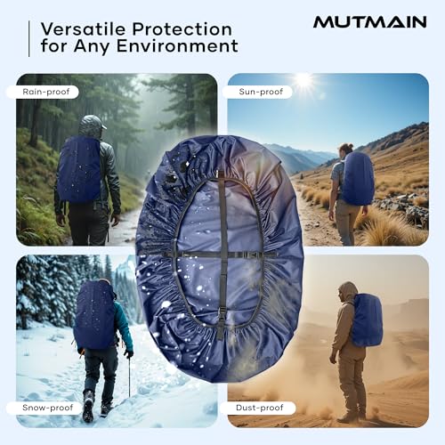 Image of MUTMAIN Waterproof 80L to 100L Rain Cover for Rucksack Backpack Bag, Suitable Bags Cover for Hiking, Camping & Trekking XXL Bag, Two Side Adjustable Buckle and Elastic Protect from Rain (Navy Blue)