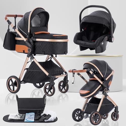 Lnhcrbs Cochecito Bebe 3 Piezas con portabebés, Sistema de Viaje's portabebés es Plegable,Carrito de Bebé Mang es Ajustable, las Ruedas son de Material PU,para 0-3 Años,Negro
