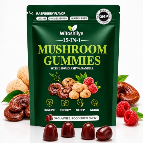 15-in-1 Mushroom Gummies with Lions Mane: Enhance Focus & Energy Mushroom Supplement for Women and Men Reish Raspberry Flavor 60 Gummies