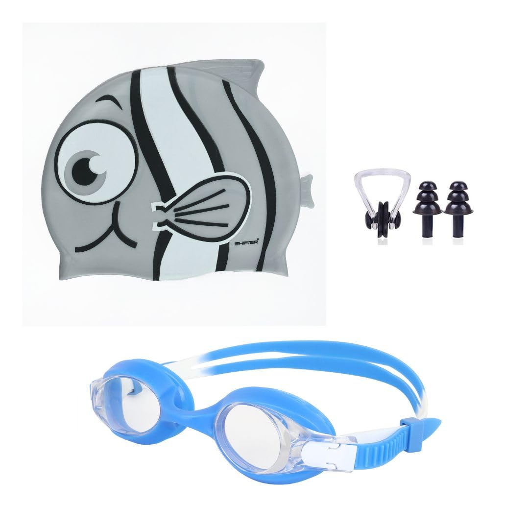 Kids Swimming Combo Set KIT Fish Shape Cap with Premium Anti Fog Swimming Goggle, EARPLUGS Set & NOSEPLUG for Boys and Girls Junior Size (Grey) (B0BYDGTRJV) Amazon Price History, Amazon Price Tracker