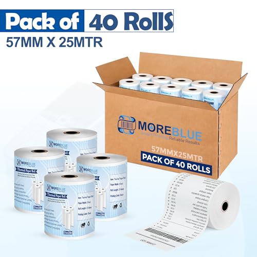 Image of MOREBLUE Pack of 40 57mm x 25m Direct Thermal Receipt Paper Rolls, Premium Ink-Free POS Billing Rolls for Credit Machines, Food Billing, ATM & Petrol Pump Receipts