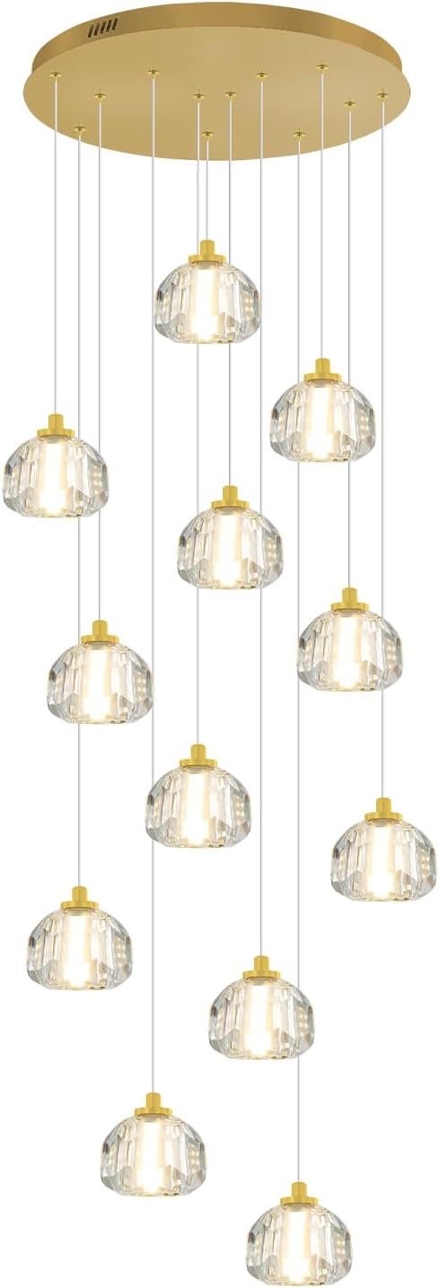 Modern LED Crystal Ball Chandelier Gold 12-Light Raindrop Chandeliers for Foyer Entrance K9 Crystal Chandeliers for High Ceiling