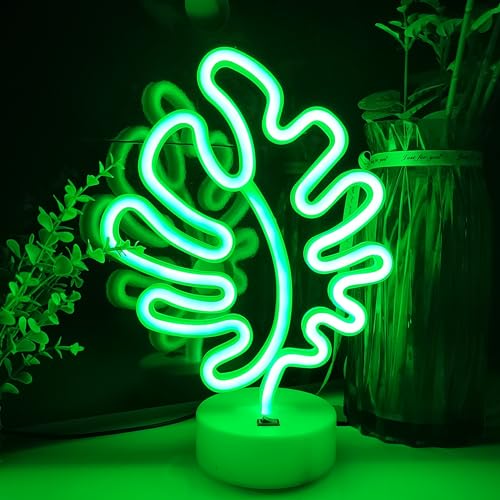 Image of JYWJ Neon Signs with Holder Base,USB or 3-AA Battery Powered Neon Light,LED Table Decoration,Bedroom Wall Decoration,Birthday Gift,Wedding Supplies Business Gift(Leaf)