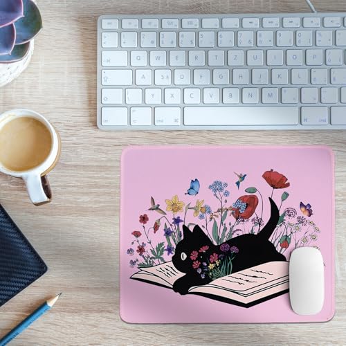 Image of Kawaii Mouse Pads,Cute Black Cat Mouse Pad,Girly Pink Floral Desk Mat for Home Office Dorm Desktop Decor,Cat Lover Gift,10.2x8.2 Inch