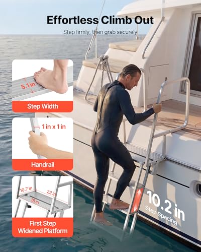 Image of VEVOR Flip-Up Dock Ladder, 4-Step, Heavy-Duty Aluminum Alloy Pontoon Boat Swim Ladder, with Non-Slip Wide Steps, 350 lbs Weight Capacity, Pull Rope Assist, Comfort Use for Lake Pool Marine Boarding