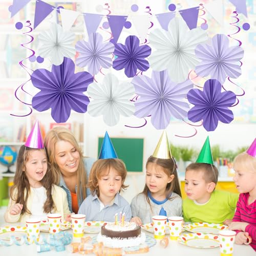 Image of Lavender Birthday Party Decorations Purple White Party Decorations | Hanging Paper Flowers Tassel Garland Swirls for Women Girl Graduation Baby Showers Wedding Bachelorette Retirement Supplies