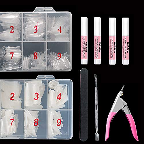 AORAEM Acrylic Nails Kit 1000Pcs Lady French False Nail with Nail Clipper,Nail Files, Nail Pusher and 4Pcs Nail Glue (French Nail Kit)