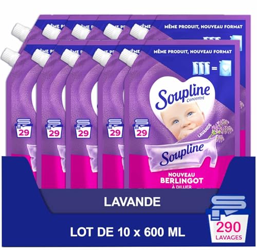 SOUPLINE - Berlingot Eco-Recharge Adoucissant à Diluer - Parfum 3D Lavande - Douceur Irrésistible - Lot de 10 Recharges x 600ml
