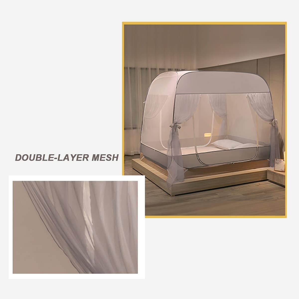 Mosquito Net for Bed, Folding Portable Spacious Pop Up Mosquito Net Self Standing with Net Bottom for Adult Camping Trip Easy to Setup,Gray,1.5x1.95x1.50m