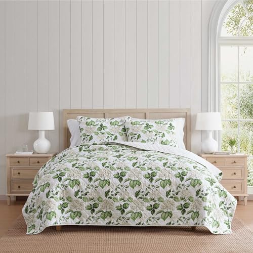Image of Martha Stewart - King Quilt Set, 100% Soft Cotton Floral Bedding for Year Round Comfort, 3 Piece Bed Set with Matching Pillowcases (Hydrangea Floral Beige)