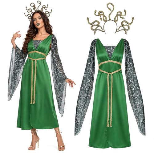 Claofoc Medusa Kostüm für Erwachsene Griechische Göttin Kostüm mit Goldenem Schlangen Kopfbedeckung Fancy Kleid Grün Medusa Outfits für Halloween Karneval Cosplay Party