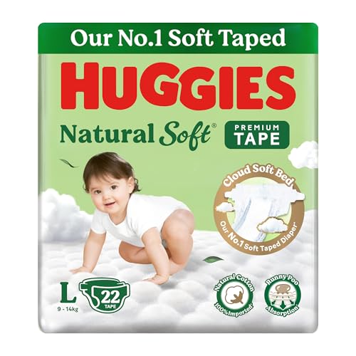 Image of Huggies Natural Soft Premium Tape Diapers Large (L) Size, 9-14 kgs,22 Count | Our No.1 Soft Taped Diaper with Cloud Soft Bed and Runny Poo Absorption