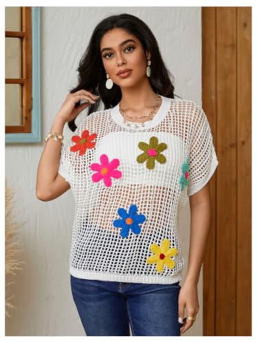 Image of BEAUDRM Women's Floral Crochet Tops Hollow Out Dolman Sleeve Applique Sweater Boho Summer Spring Top
