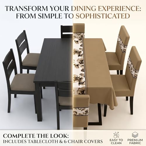 Image of Styleys Dining Chair Cover with Table Covers for Kitchen Waterproof Dining Table Cloth (1 Table Cover + 6 Chair Cover, Light Brown Flower, K723)