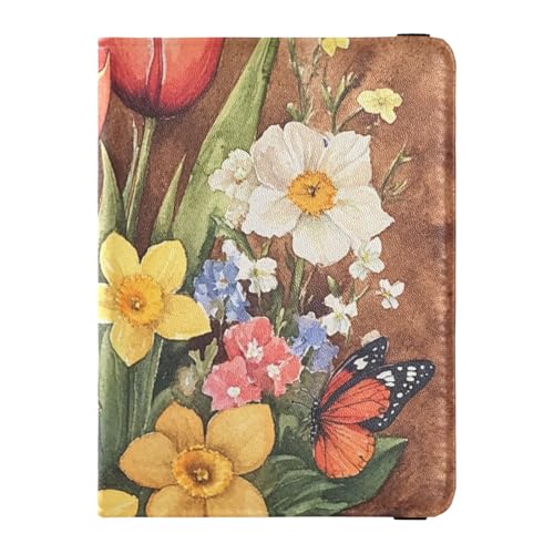 Portafogli per passaporto e carte di vaccino pelle con fiori retrò con pittura a olio marrone per viaggio Combo porta per donne leggero Fiori con sensazione di a olio