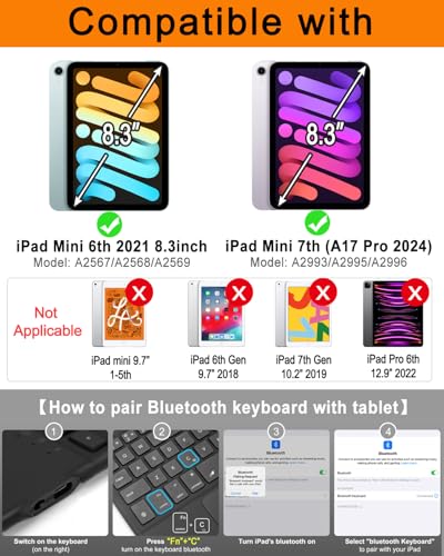 Case with Trackpad Keyboard for iPad mini 7th(A17 Pro, 2024)/6th Generation 8.3 inch,7-Color Backlit Wireless Keyboard Magnetic Detachable Multi-Angle Stand Cover for iPad mini 6 7 Black