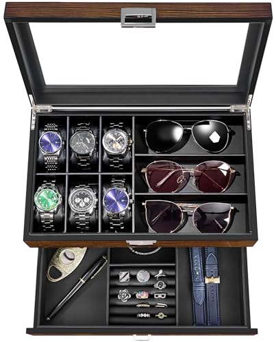 BEWISHOME High-End Watch Box, 6-Slot Watch Case and 3 Glasses