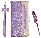 JAWCASA Funda para Samsung Galaxy M30, PU Cuero Slim Case de Estilo Billetera Carcasa TPU Silicona Case [Cremallera de Encaje] Interna Suave [Soporte Plegable Función] Funda (Púrpura)