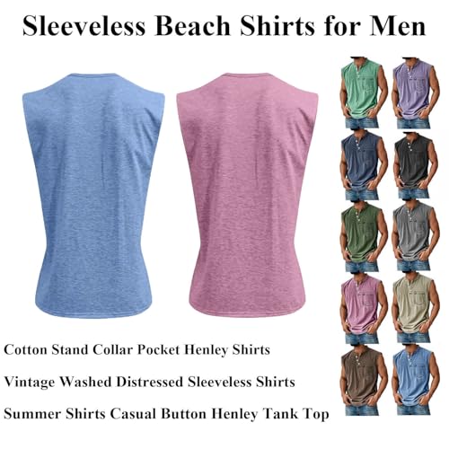 Mokaloha Mens Sleeveless Shirts, Men's Vintage Washed and Distressed Cotton Button-Down Stand Collar Pocket Henley Shirts3