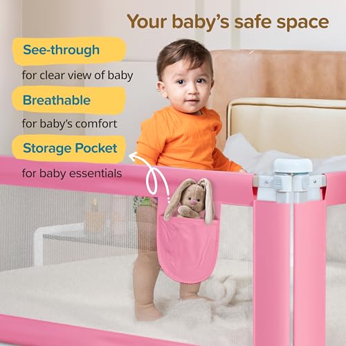 Image of LuvLap Alloy Steel Bed Rail Guard for Baby /Kids Safety, 180cm x 72 cm(6ft x 2.3ft), Portable & Foldable, Baby Safety Essential, Adjustable Height, fits All Bed Sizes (Pink - Without Print)