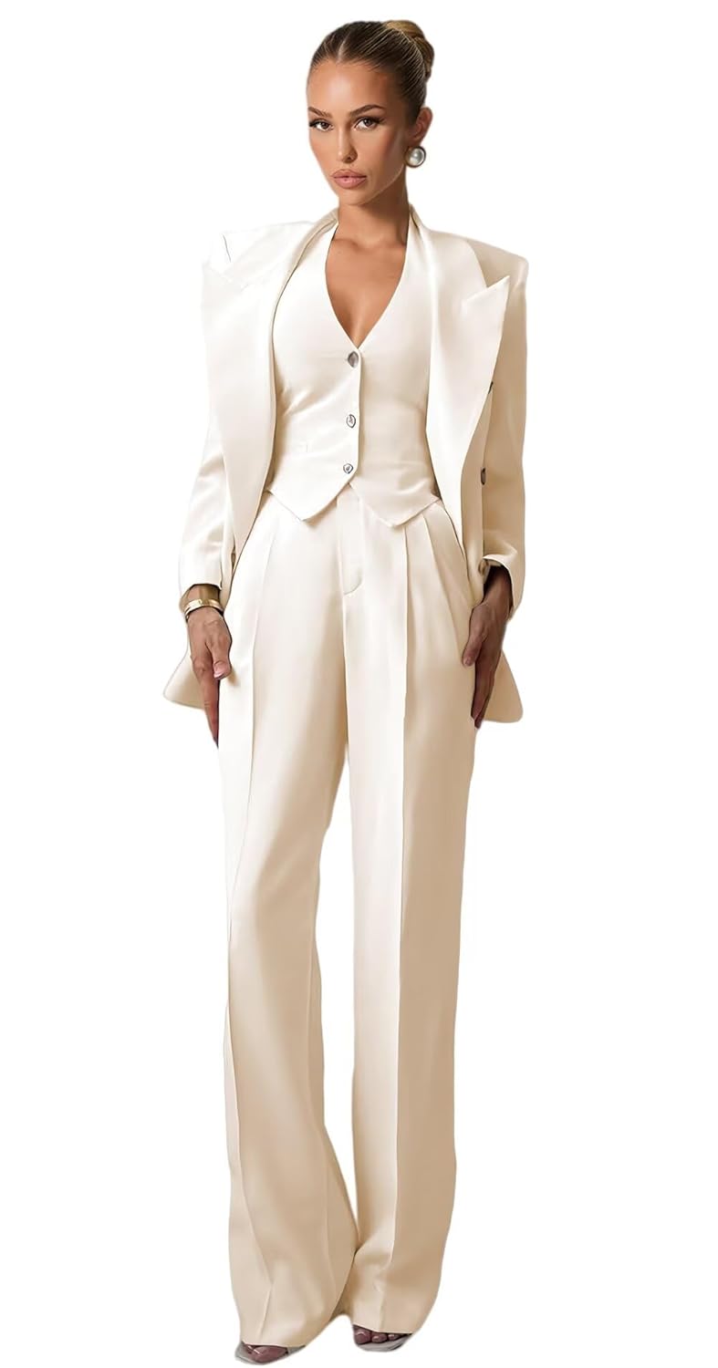 Beige Suit Set for Women Plus Size 3 Piece Peak Lapel Pant Suits for Women Dressy Wedding Double