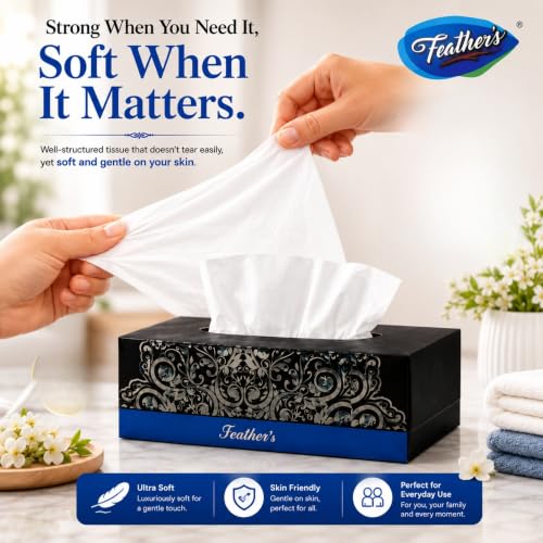 Image of Feather's Face Tissue Box (Dry) | 2 Ply, 200 Pulls per Box, Pack of 6 | Super Soft & Absorbent Facial Tissue Box | Facial Tissue Papers | Virgin Paper, Biodegradable (Random Color Box)