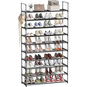 10 Tier Metal Shoe Rack, Tall Shoe Rack for Entryway, Shoe Organizer for Closet, Shoe Storage for Front Door Entrance & Entryway, Black Large Long Shoe Stand Holder Adjustable Shelf Height