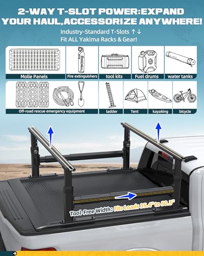 Image of Ladder Rack for Truck Compatible with T-Slot Tonneau Covers, 800 LBS Capacity Truck Bed Rack with Side Bars, 19 inch-25 inch Height-Adjustable Aluminum Truck Racks, Fit for Ford F150 /Ram 1500 /Silverado /Sierra