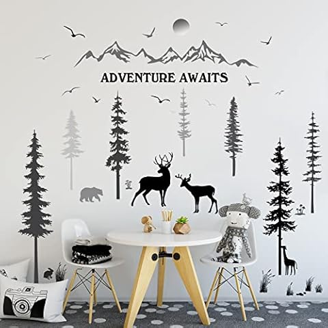 Prabahdak 3 Sheets Woodland Nursery Wall Decals Forest Deers Wall Stickers Bears Pine Tree Wall Decals Inspirational Quote Mountain Animal Sun Wall Stickers DIY Wall Decals for Kids' Room Cover