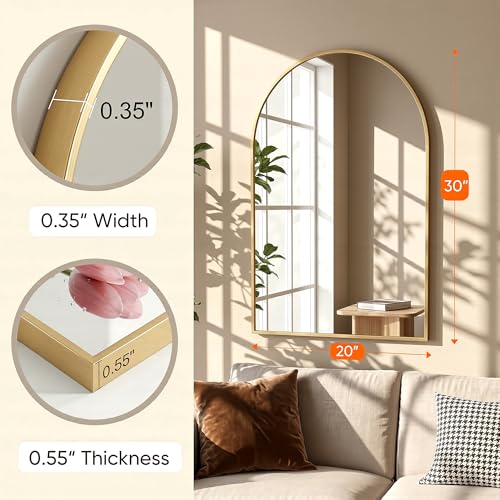Image of Antok Arched Bathroom Mirror, 20 inchx30 inch Wall Mounted Mirror, Vanity Mirrors for Over Sink, Aluminum Alloy Frame Bathroom Mirrors Living Room, Bedroom and Entryway, Gold