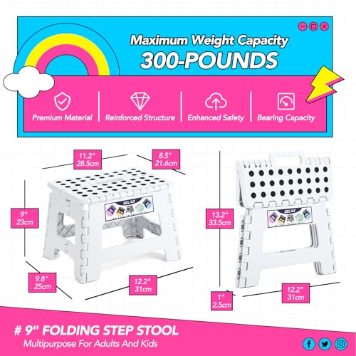 Image of Delxo 9 Inch Folding Step Stool,White Step Stools for Kids Foldable,Portable Collapsible Step Stool with Handle, Folding Stool for Kitchen Bathroom,Bedroom,Garden
