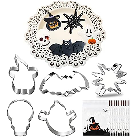 Halloween Cutters - 5PCS Cookie Cutter Set with Biscuit Candy Bags, Stainless Steel Cutters Molds - Pumpkin, Bat, Ghost, Spider and Skull Shapes for Halloween Food Party Decorations Cover
