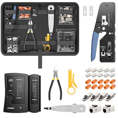 FGB Netzwerk Werkzeug Set, Pass Through RJ45 Crimpzange für Cat7 Cat6 Cat5 mit 4 x Netzwerkstecker Cat7 Werkzeuglos, 10 x RJ45 Stecker, LSA Auflegewerkzeug, Netzwerktester für RJ45, RJ11, RJ12 Kabel FGB Netzwerk Werkzeug Set, Pass Through RJ45 Crimpzange für Cat7 Cat6 Cat5 mit 4 x Netzwerkstecker Cat7 Werkzeuglos, 10 x RJ45 Stecker, LSA Auflegewerkzeug, Netzwerktester für RJ45, RJ11, RJ12 Kabel