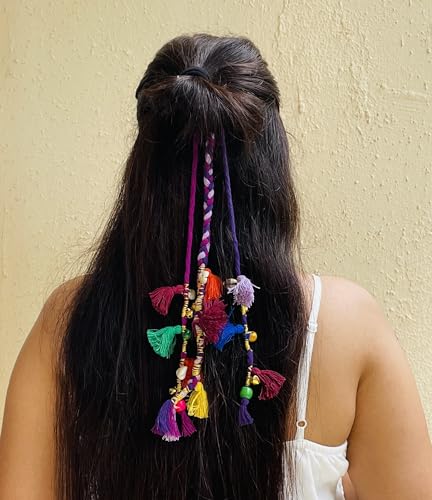 Image of Zippy Flora Boho Handmade Colorful Hair Strings for Navratri /Ethnic Look /Bohemian Styling, Colorful Braided Hairband, Thread Hair Accessories & Extensions (Shoulder Length (12-14 inch), Purple)