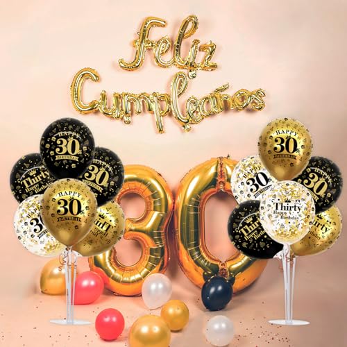 Image of TONIFUL 4 Set Black Gold 30 Printed Balloon Stands for 30th Birthday Decor