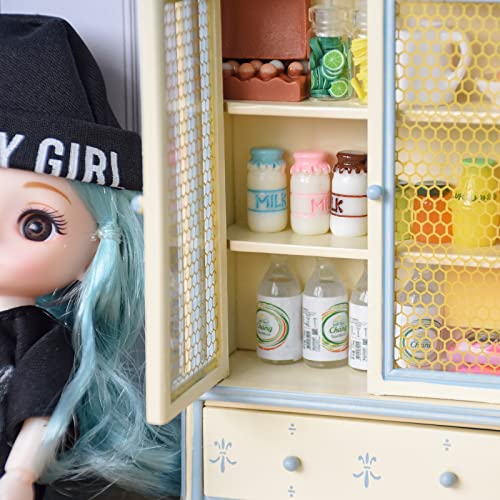 Wooden Dollhouse Furniture, 1/12 Scale Miniature Doll House Bookshelf, Openable Tall Cabinet Bookcase, Exquisite Dollhouse Accessories Blue And White #TOP2