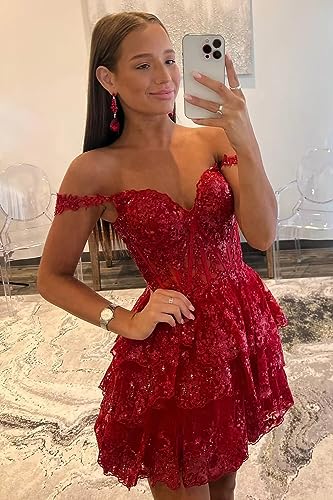 HyFowerDW Lace Applique Homecoming Dresses 2023 Off Shoulder Sweetheart Tiered Short Prom Cocktail Graduation2