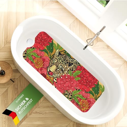 SilverRack Badewannenmatte rutschfest 100x40 cm (Leopard Motiv Rot) - Antirutschmatte Badewanne BPA...