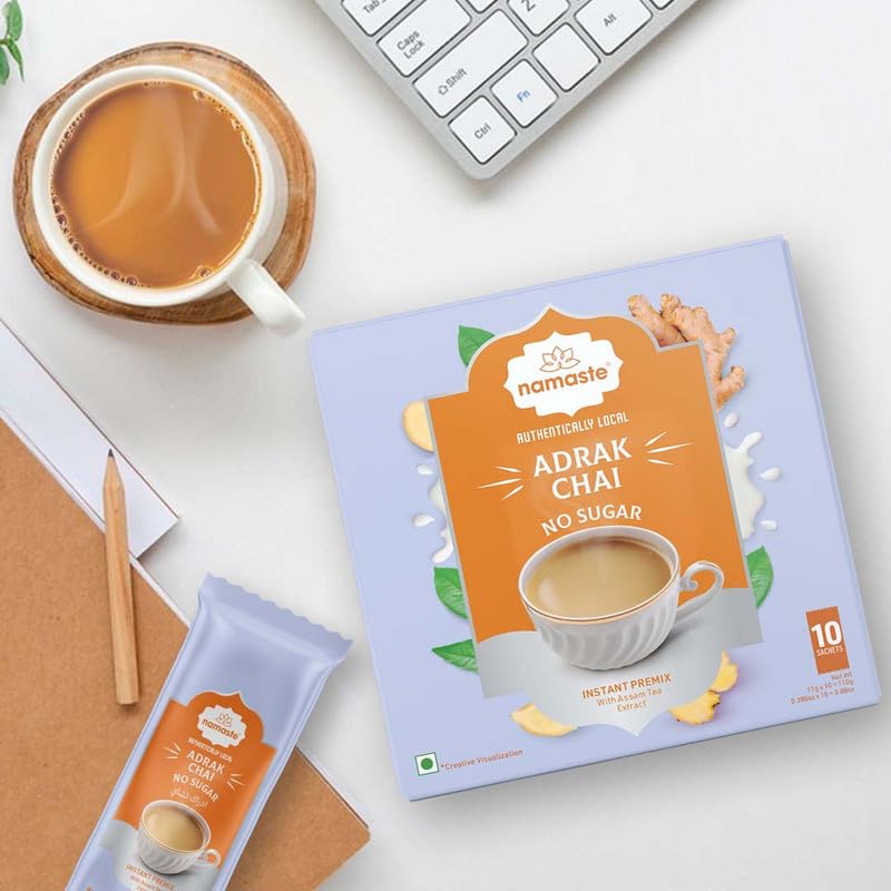Image of Namaste Chai Ginger Tea Premix Without Sugar | Adrak Chai Instant Tea Premix | No Sugar Instant Tea Premix Sachets | Instant Adrak Chai Powder | Ginger Tea Ready Mix | 11g x 10 Sachets | Pack of 3