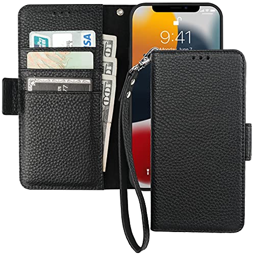 Bocasal Wallet Case for iPhone 13 Pro 5G, Genuine Leather Support Wireless Charging RFID Blocking Flip Case Card Slots Holder, Kickstand Book Folding Folio Cover with Wrist Strap 6.1 Inch(Black)