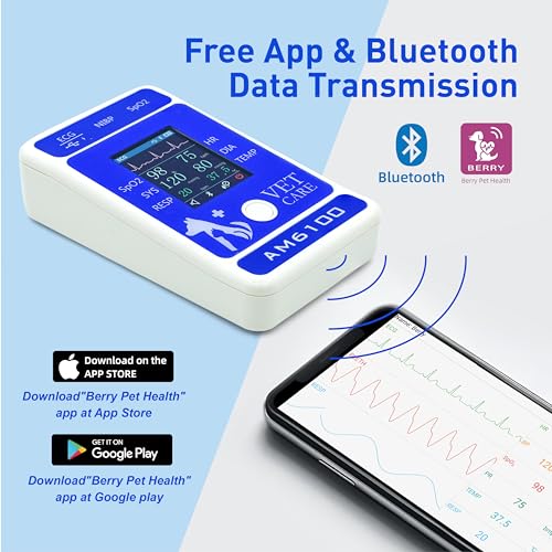 Image of Handheld Veterinary Pulse Oximeter,Rechargeable Dog Blood Pressure Monitor, 6 Parameters Animal Patient Mnitoring Equipment with 2.4 inch Display and Bluetooth for Pets Cat Home Clinic Use